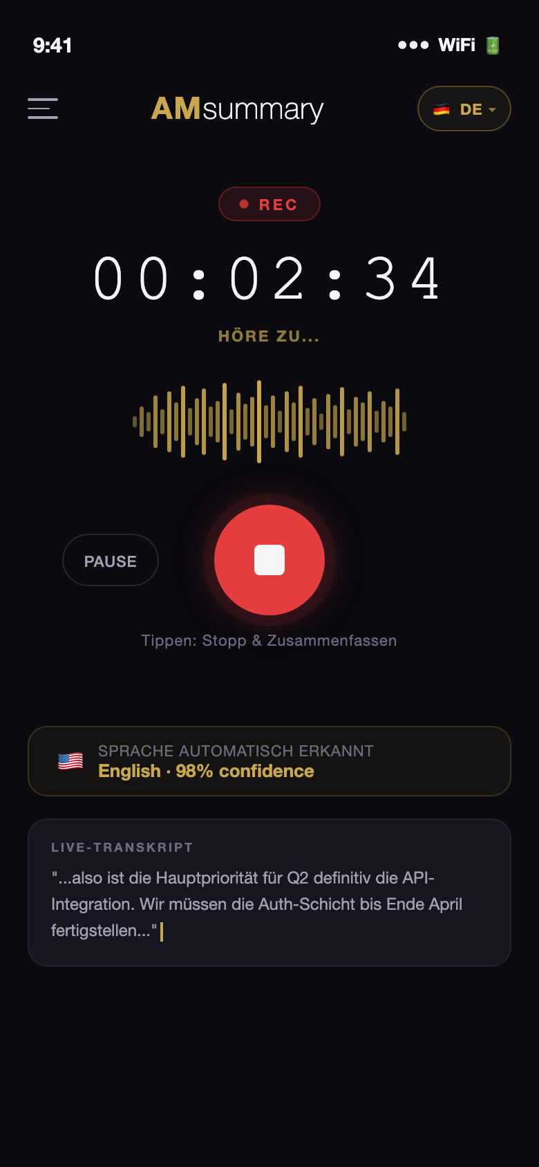 AMsummary nimmt auf und transkribiert live