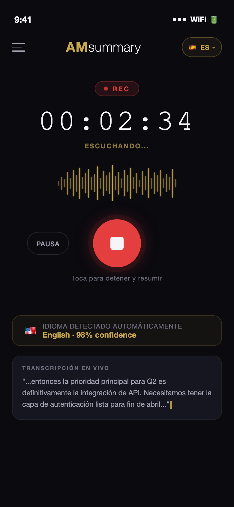 AMsummary grabando y transcribiendo en vivo
