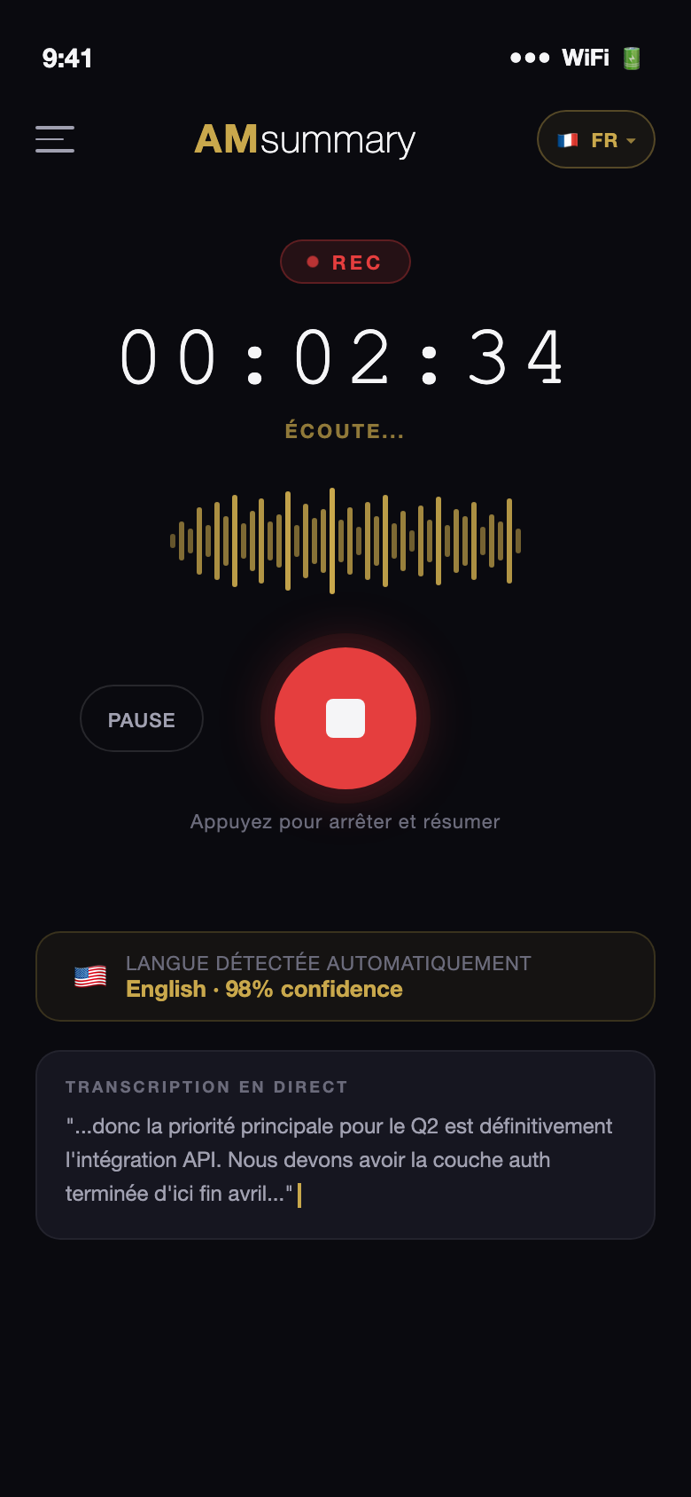 AMsummary en train d’enregistrer et de transcrire en direct