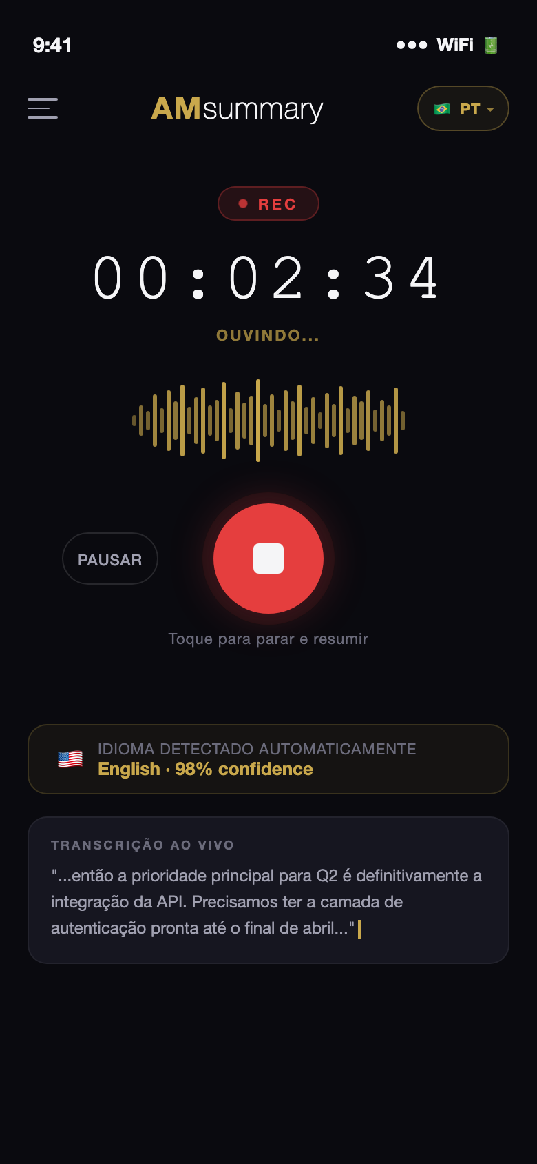 AMsummary gravando e transcrevendo ao vivo